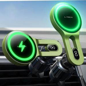 imageLISEN for 15W MagSafe Car Mount Charger Safer ampamp Faster Vent Magnetic Wireless Car Charger Car Vent Phone Mount Charger Fits iPhone 16 Pro Max Plus 15 14 13 12 Samsung with MagSafe Case BlackGreen