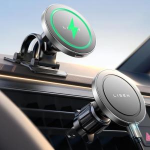 imageLISEN for 15W MagSafe Car Mount ChargerMagnetic Wireless Car Charger for iPhone 16 Pro Max AccessoriesMagnetic Phone Holder for iPhone 16e 15 14 13 12Samsung with MagSafeGifts for Men WomenSliver