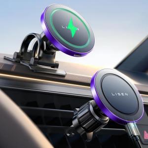 imageLISEN for 15W MagSafe Car Mount ChargerMagnetic Wireless Car Charger for iPhone 16 Pro Max AccessoriesMagnetic Phone Holder for iPhone 16e 15 14 13 12Samsung with MagSafeGifts for Men WomenMatte Purple