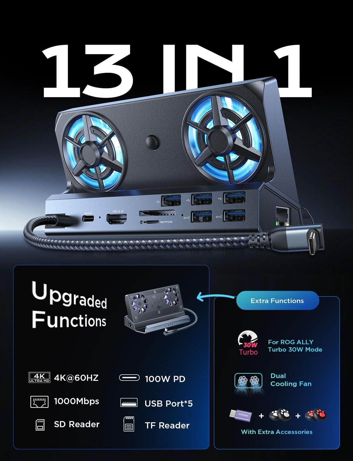 imageLISEN 10IN1 Docking Station for Steam Deck OLEDampampROG Ally XampampLegion Go Dual Cooling Fan 5 USB Ports and 4K60Hz 100W Charging Port Support ROG Ally 30W Mode Gigabit Ethernet Fit for Steam Deck OLED