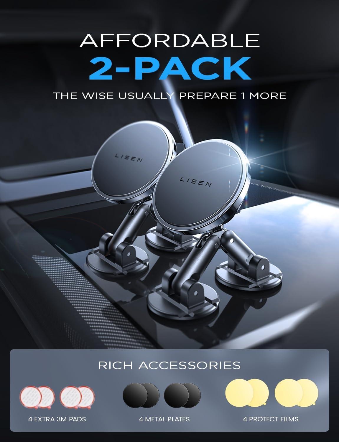 imageLISEN 2 Pack Magnetic Phone Holder for car Magnet car Mount for Cell Phone 10X Strong Magnets 360 Rotation Phone Holder for car Dashboard Mount fit for iPhone Samsung Google All Smartphones