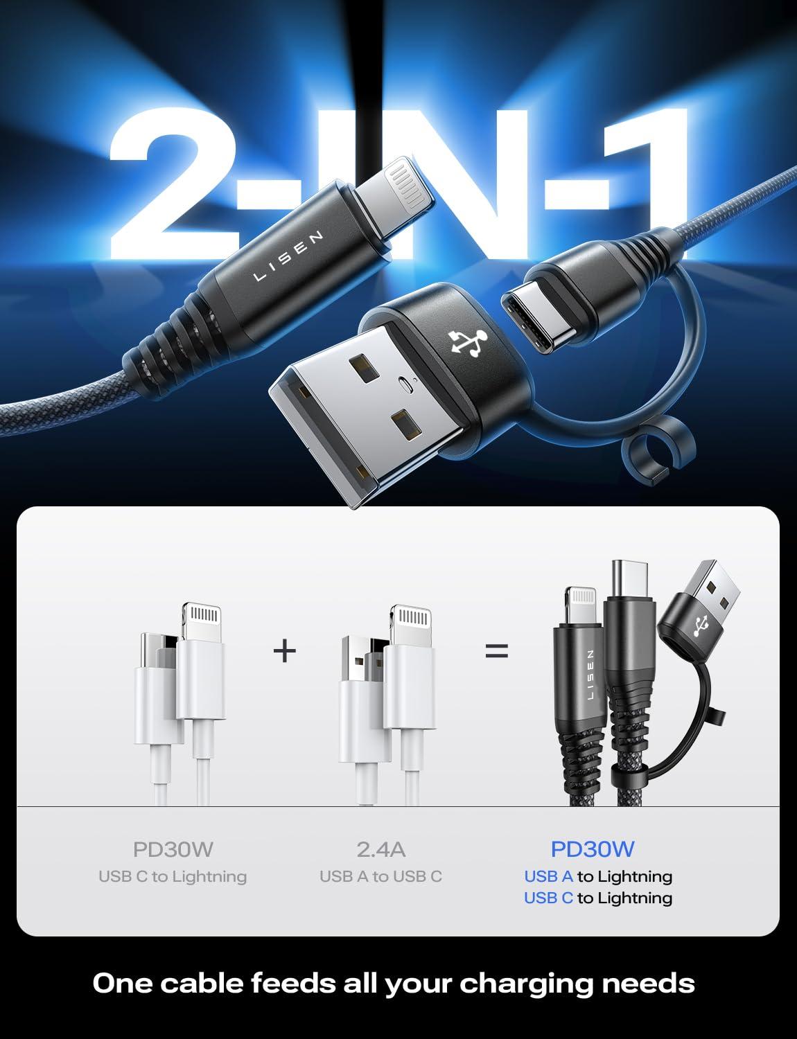 imageLISEN 2 Pack iPhone Charger Fast Charging Cord 2in16ft 30W USB C to Lightning Cable 24A USB to Lightning Cable for iPhone 14 Pro Max Plus 13 Pro1211XRS876 Air Pods ProWhite