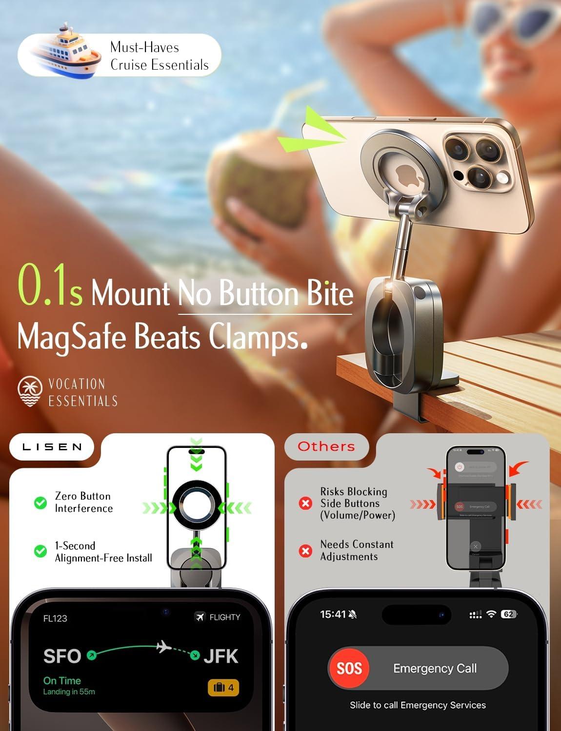 imageLISEN Airplane Travel Essentials for Women Phone Holder Baby Long Flight Essentials Must Haves Handsfree for MagSafe Mini Luggage Travel Accessories Beach Vacation Cruise Essentials 2025 Desk MountBlack