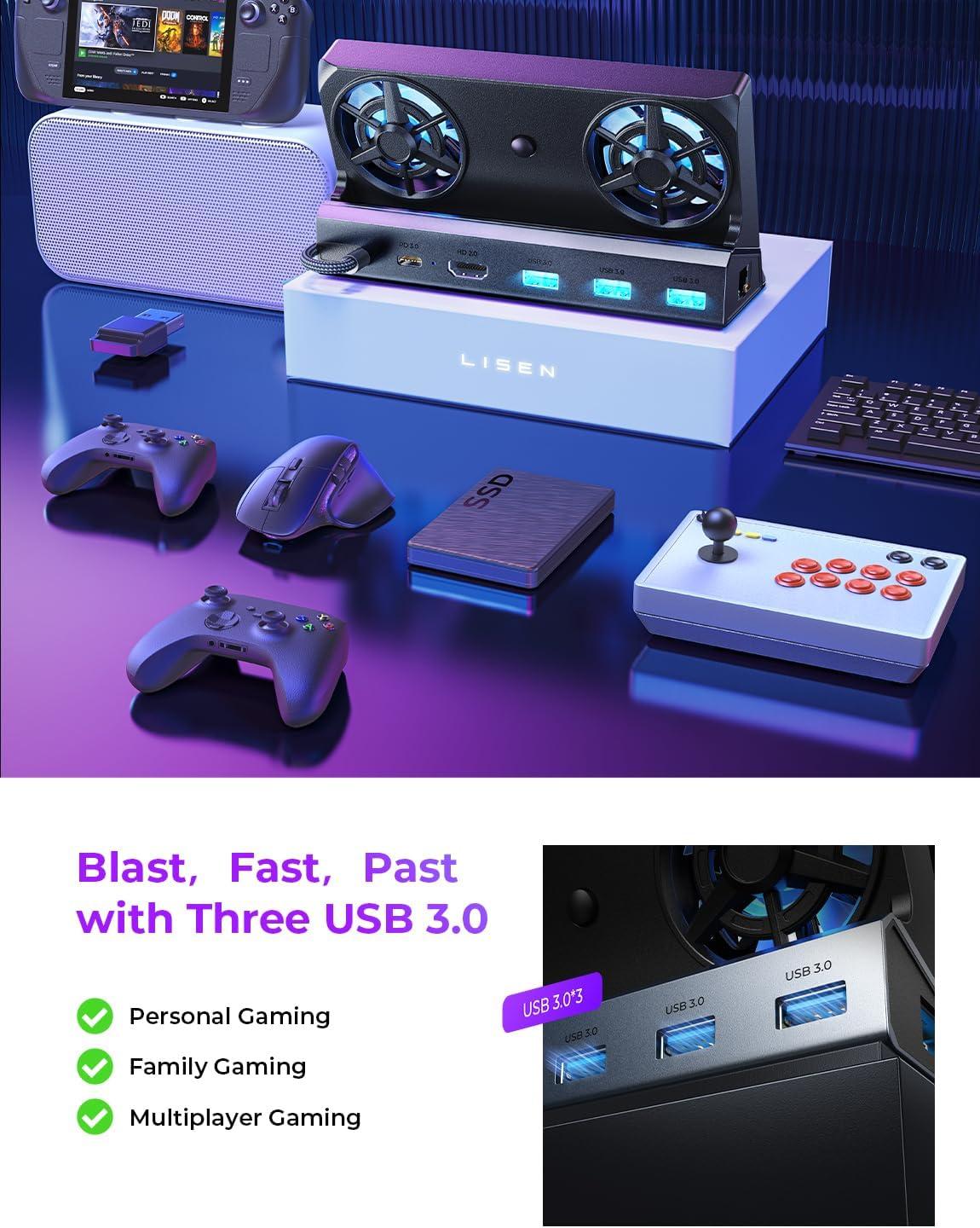 imageLISEN Docking Station for ASUS ROG ALLY X ampamp Steam Deck ampamp Lenovo Legion GO Dual Cooling Fan Zero Distraction ROG ALLY Dock Station with 4K60HzUSB 303 PD100W and Ethernet Fit For Steam Deck OLEDGrey