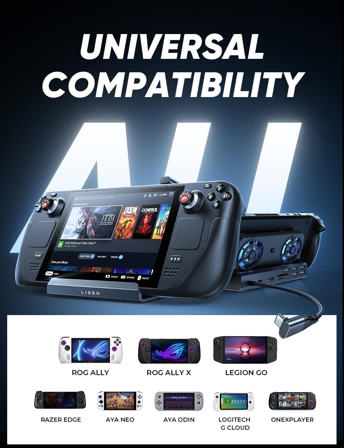 imageLISEN Docking Station for ASUS ROG ALLY X ampamp Steam Deck ampamp Lenovo Legion GO Dual Cooling Fan Zero Distraction ROG ALLY Dock Station with 4K60HzUSB 303 PD100W and Ethernet Fit For Steam Deck OLEDGrey