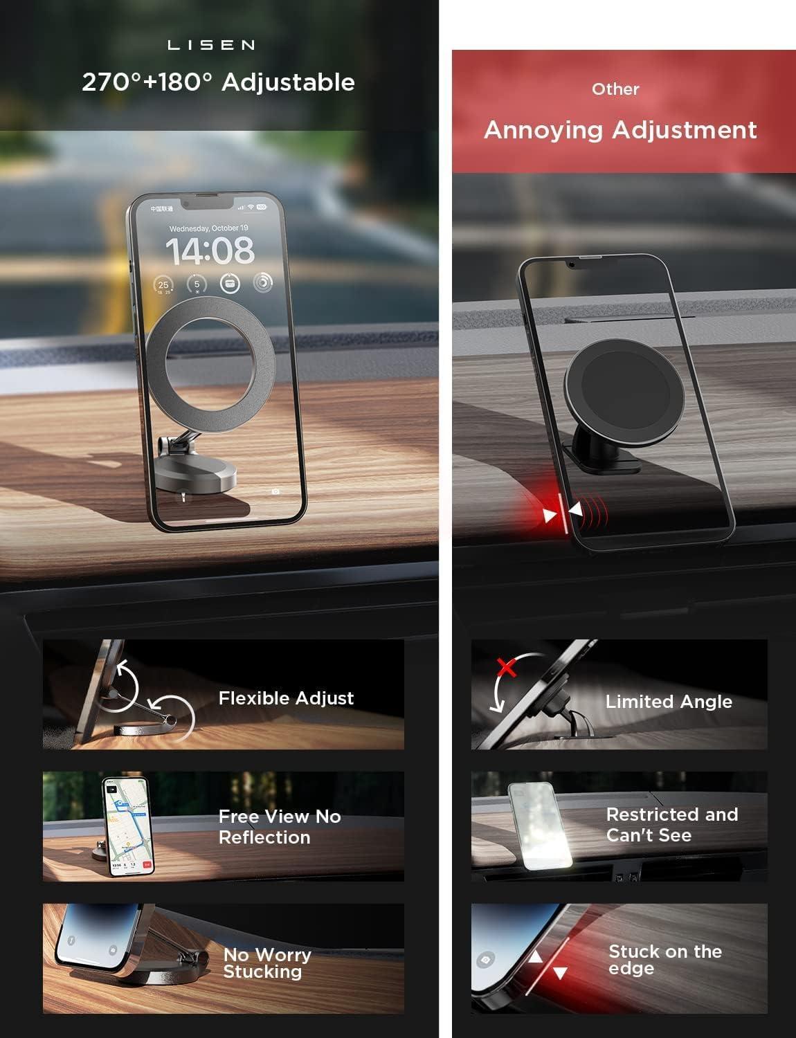 imageLISEN Gold Magnetic Phone Car Mount 20 Strong Magnets Fits iPhone 14 Zinc Alloy Body Nano 3M Adhesive Upgrade MultiAdjustment 1 Year Warranty