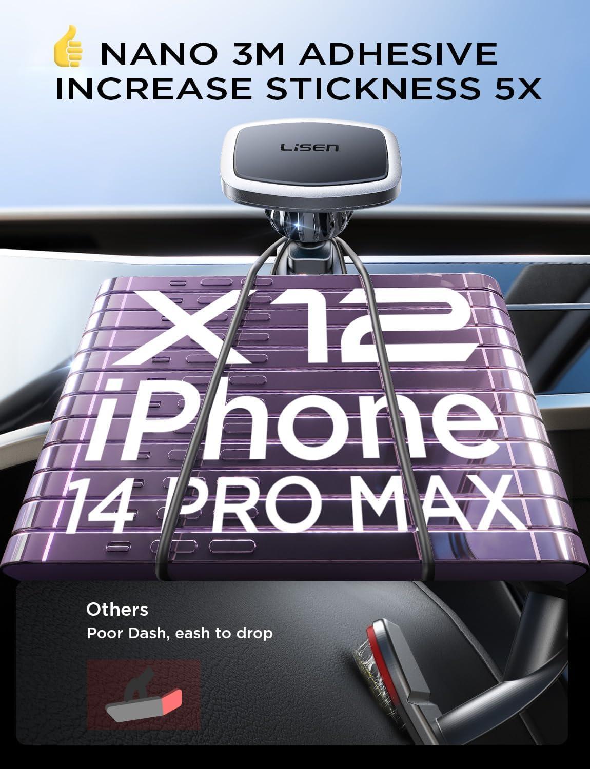 imageLISEN Magnetic Phone Holder Car Enjoy Never Fall Fit Magnetic Car Phone Mount Dashboard Curved Surfaces Easily Install 6X Super Adhesive Magnets Fit for All Phone with 3 Metal Plates