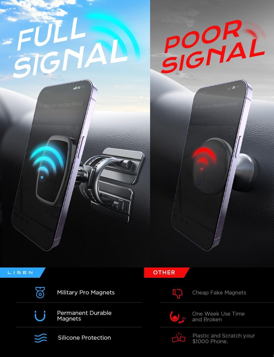 imageLISEN Magnetic Phone Holder Car Enjoy Never Fall Fit Magnetic Car Phone Mount Dashboard Curved Surfaces Easily Install 6X Super Adhesive Magnets Fit for All Phone with 3 Metal Plates