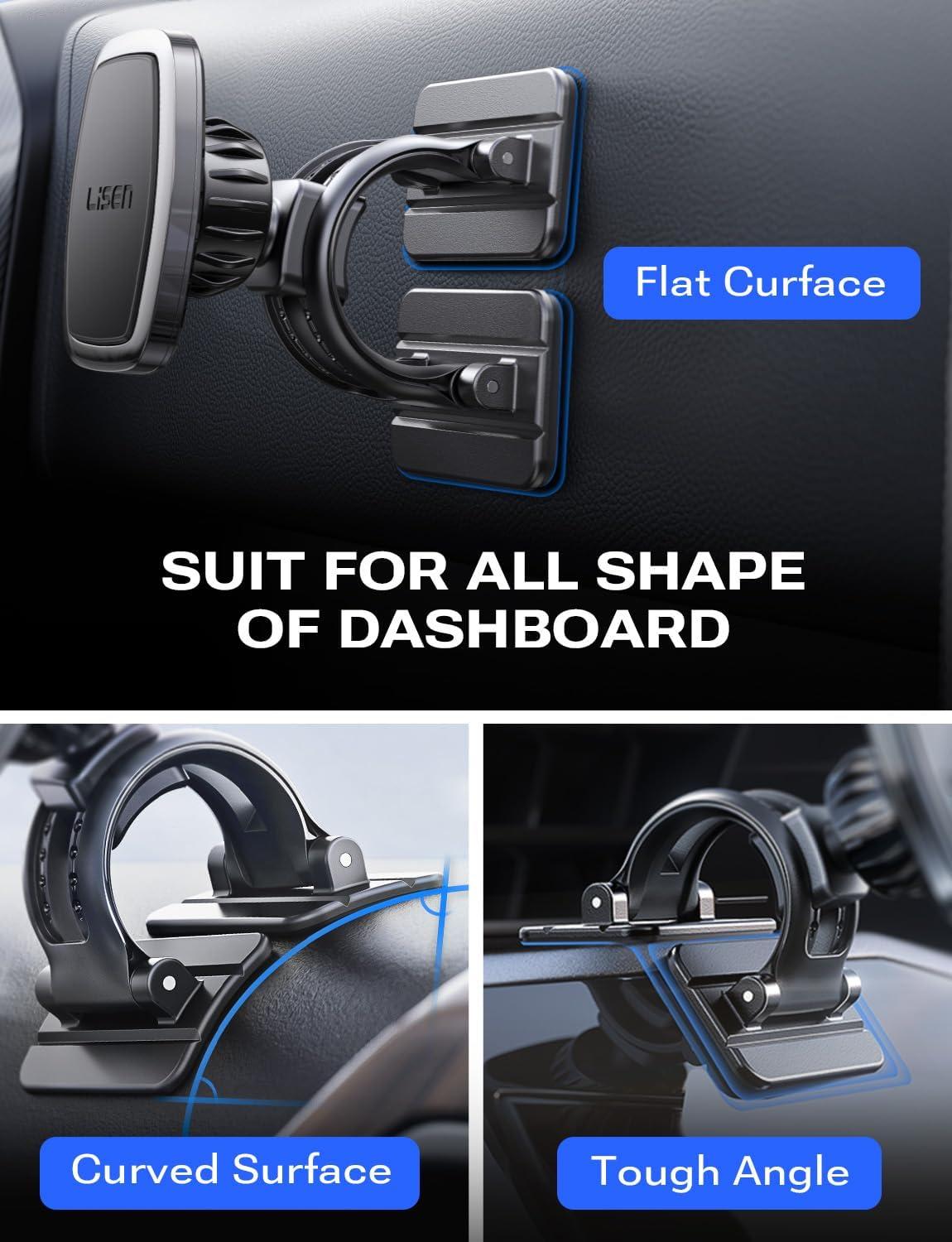 imageLISEN Magnetic Phone Holder Car Enjoy Never Fall Fit Magnetic Car Phone Mount Dashboard Curved Surfaces Easily Install 6X Super Adhesive Magnets Fit for All Phone with 3 Metal Plates