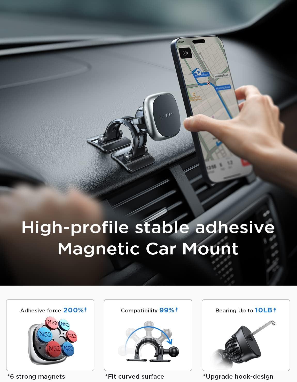 imageLISEN Magnetic Phone Mount for Car ampamp Tablets 6 Strong Magnets Replaceable Base  Compatible with All Smartphones  BlackSilver
