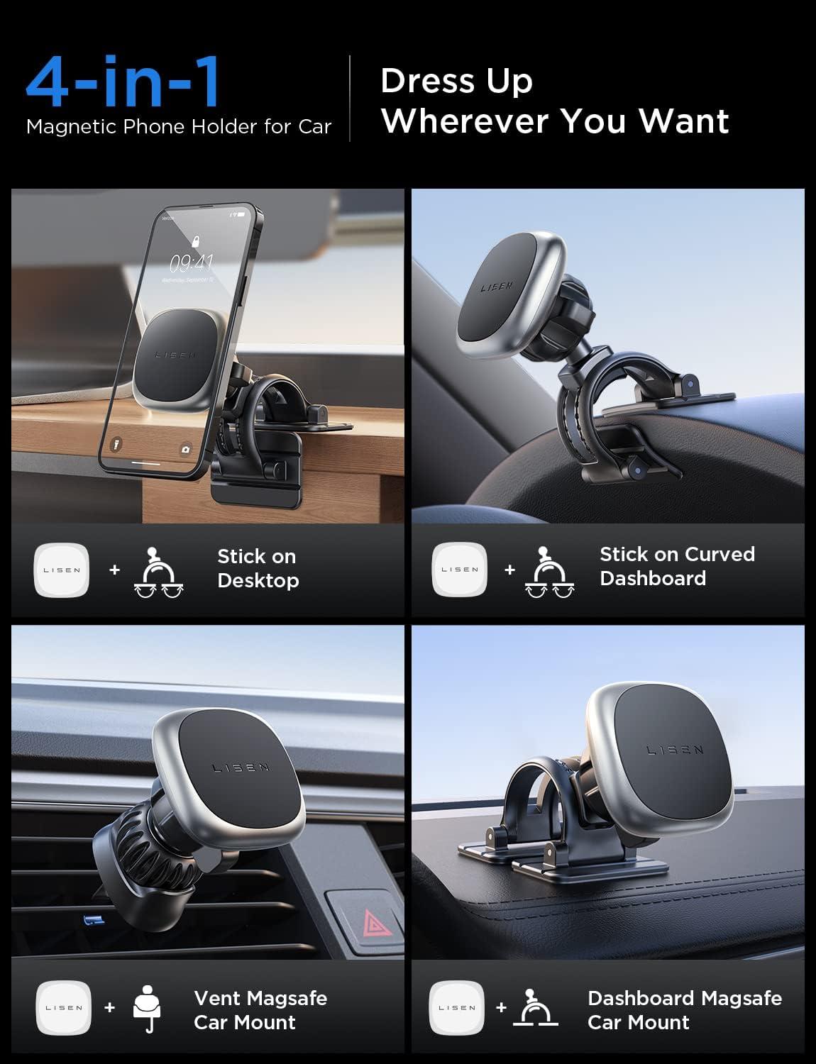 imageLISEN Magnetic Phone Mount for Car ampamp Tablets 6 Strong Magnets Replaceable Base  Compatible with All Smartphones  BlackSilver