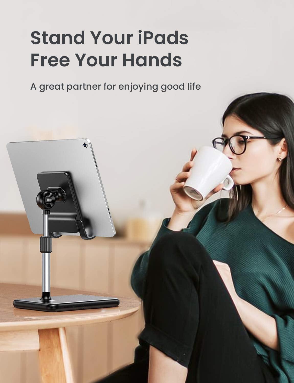 imageLISEN Tablet Stand Holder Never Tip Over iPad Stand for Desk Height ampamp Angle Adjustable iPad Stands and Holders for Desk Compatible with All Tablets ampamp Smartphones Grey
