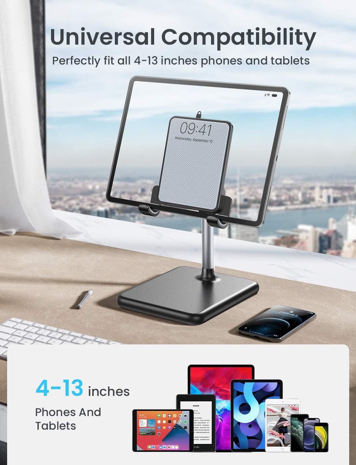 imageLISEN Tablet Stand Holder Never Tip Over iPad Stand for Desk Height ampamp Angle Adjustable iPad Stands and Holders for Desk Compatible with All Tablets ampamp Smartphones Grey