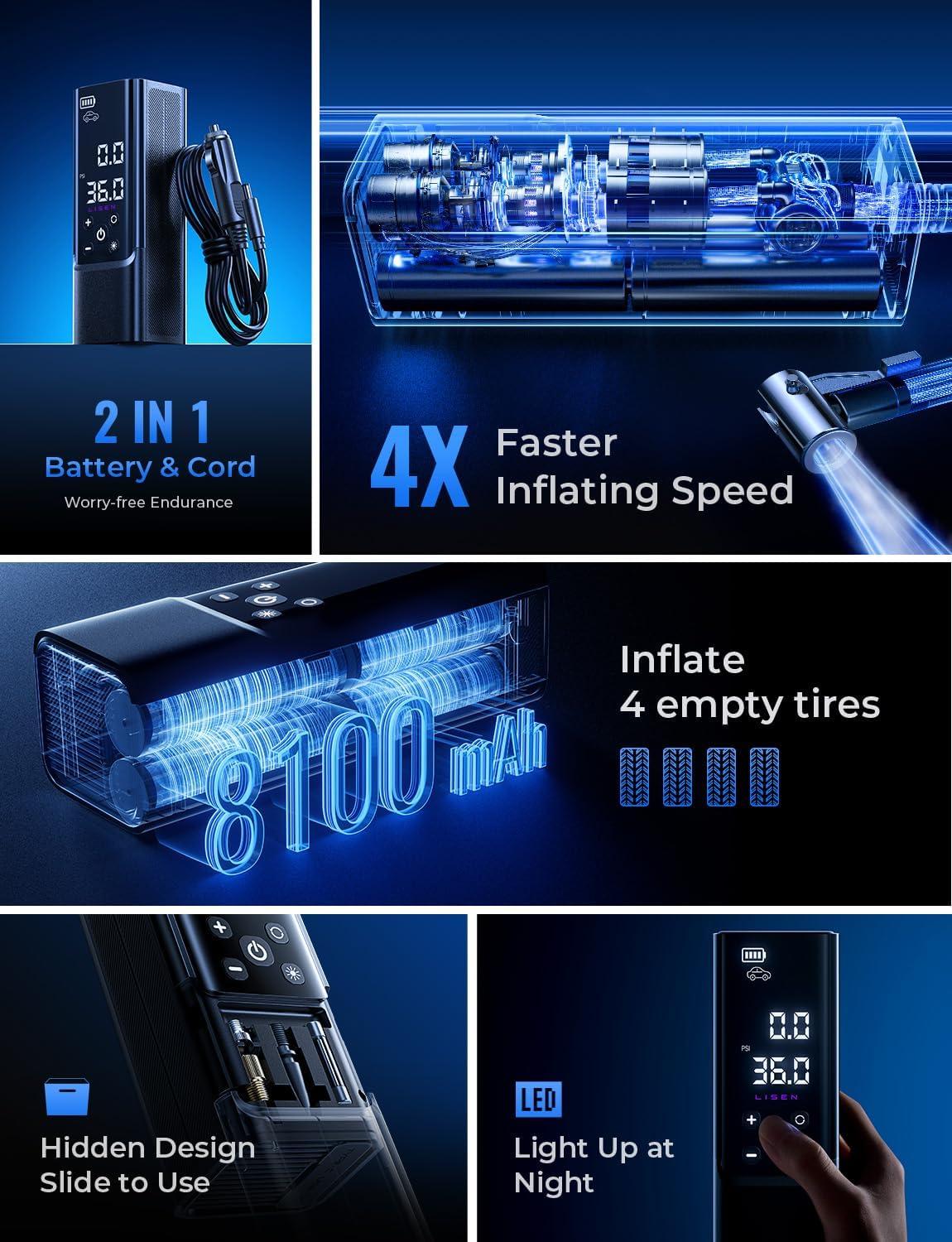imageLISEN Tire Inflator Portable Air Compressor for Car Tires 2IN1 150PSI Cordless Car Tire Pump 8100mAh Battery ampamp DC Cord 40Lmin Fast Inflate Bike Pump Extralarge Screen For CarBikeMotorcycleBall
