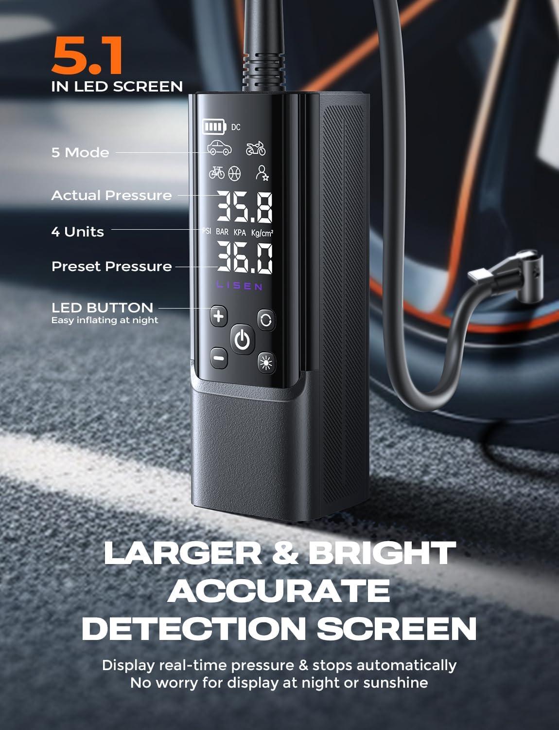 imageLISEN Tire Inflator Portable Air Compressor for Car Tires 2IN1 150PSI Cordless Car Tire Pump 8100mAh Battery ampamp DC Cord 40Lmin Fast Inflate Bike Pump Extralarge Screen For CarBikeMotorcycleBall