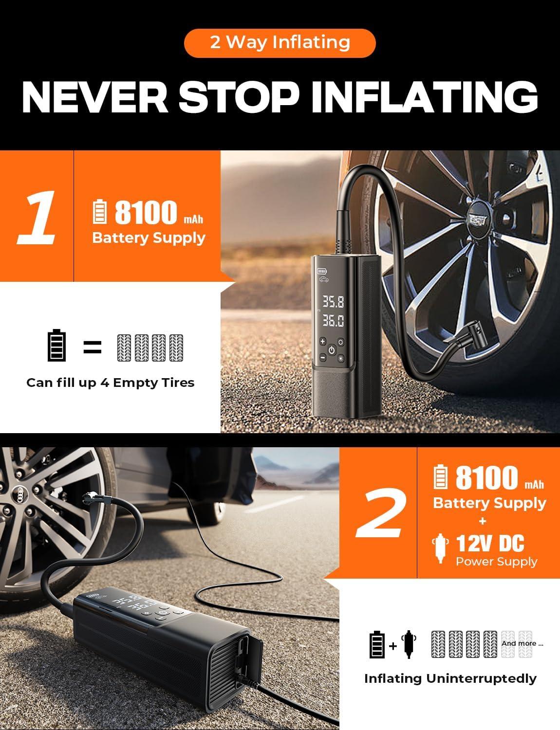 imageLISEN Tire Inflator Portable Air Compressor for Car Tires 2IN1 150PSI Cordless Car Tire Pump 8100mAh Battery ampamp DC Cord 40Lmin Fast Inflate Bike Pump Extralarge Screen For CarBikeMotorcycleBall