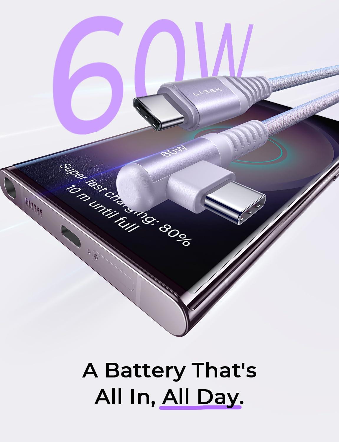 imageLISEN USB C to USB C Cable 66ft 2 Pack 60W3A USB C Charger Cable Fast Charge Right Angle Compatible with Samsung S23 S22 S21 Note 20 Ultra iPad Pro 129 Air Mini MacBook Air PixelPurplePurple
