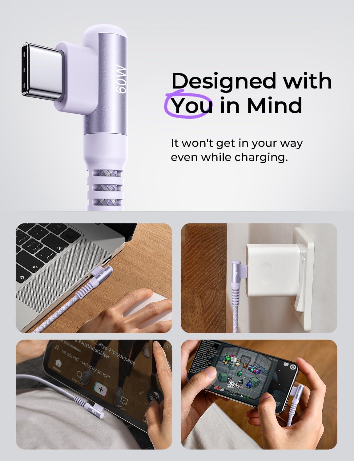imageLISEN USB C to USB C Cable 66ft 2 Pack 60W3A USB C Charger Cable Fast Charge Right Angle Compatible with Samsung S23 S22 S21 Note 20 Ultra iPad Pro 129 Air Mini MacBook Air PixelPurplePurple