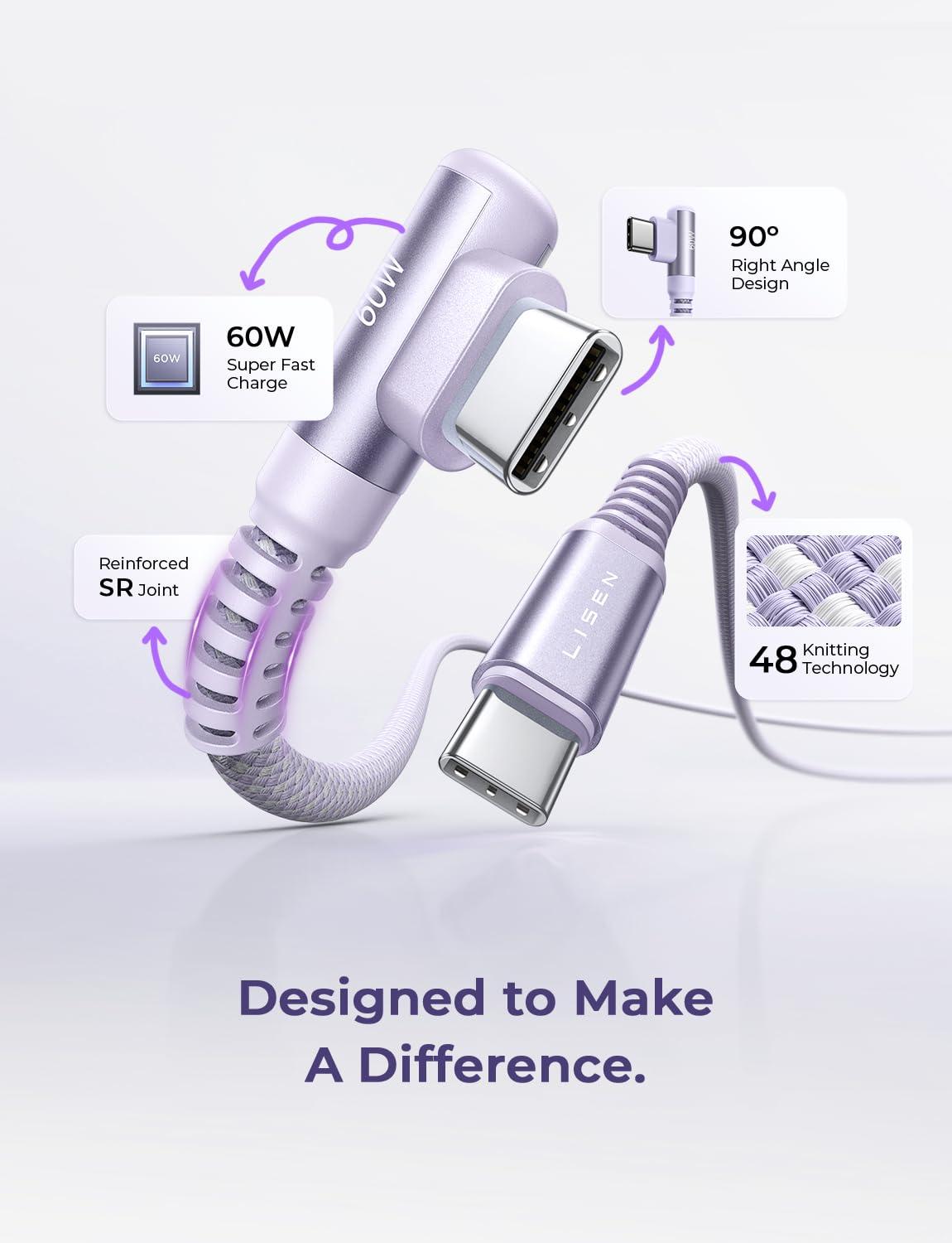 imageLISEN USB C to USB C Cable 66ft 2 Pack 60W3A USB C Charger Cable Fast Charge Right Angle Compatible with Samsung S23 S22 S21 Note 20 Ultra iPad Pro 129 Air Mini MacBook Air PixelPurplePurple