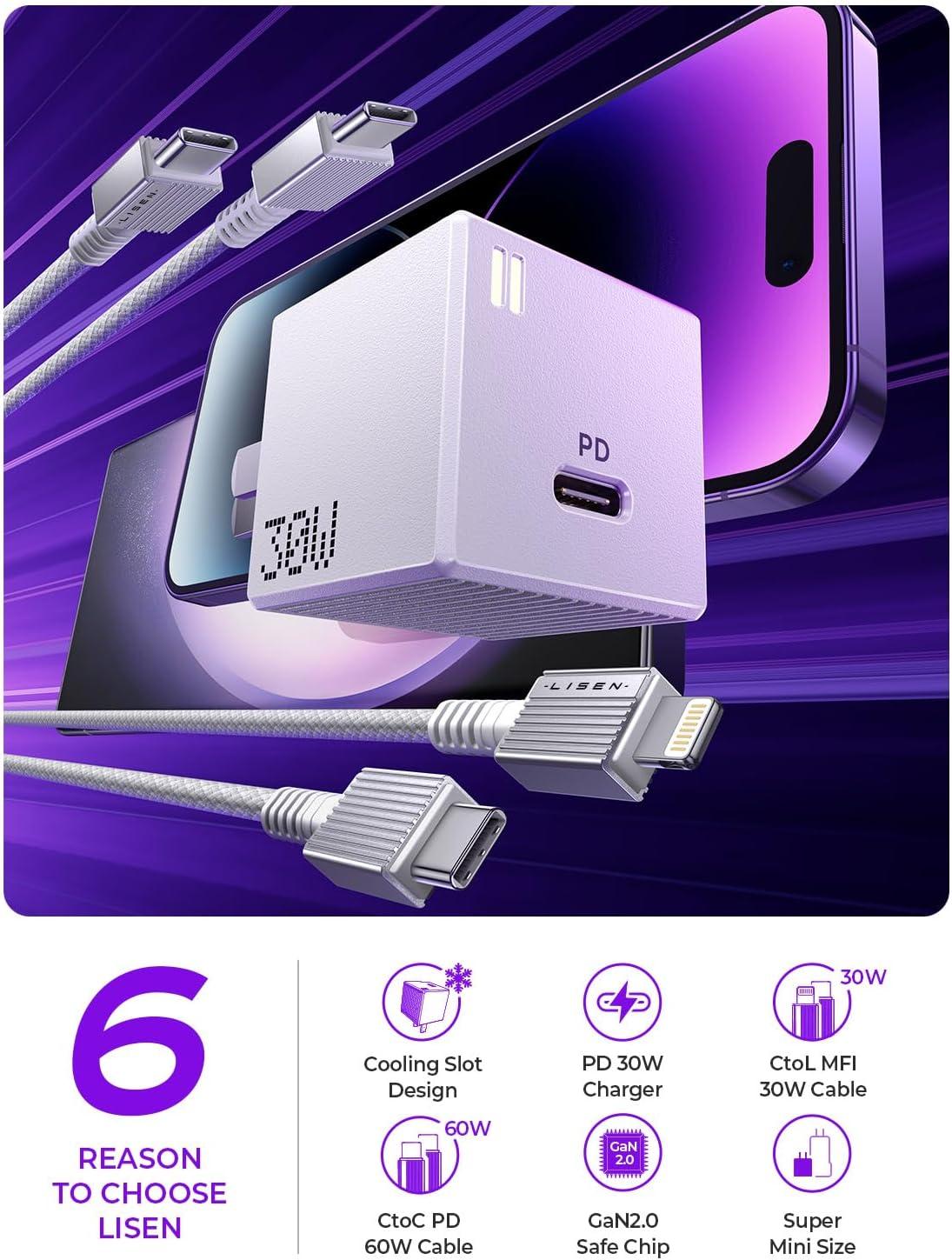 imageUSB C Wall Charger Block 30W GaN PD Fast Charger USBC Charger Adapter with USB C to Lighting for iPhone 141312 Pro Max and USB C to USB C Cable for iPad Pro