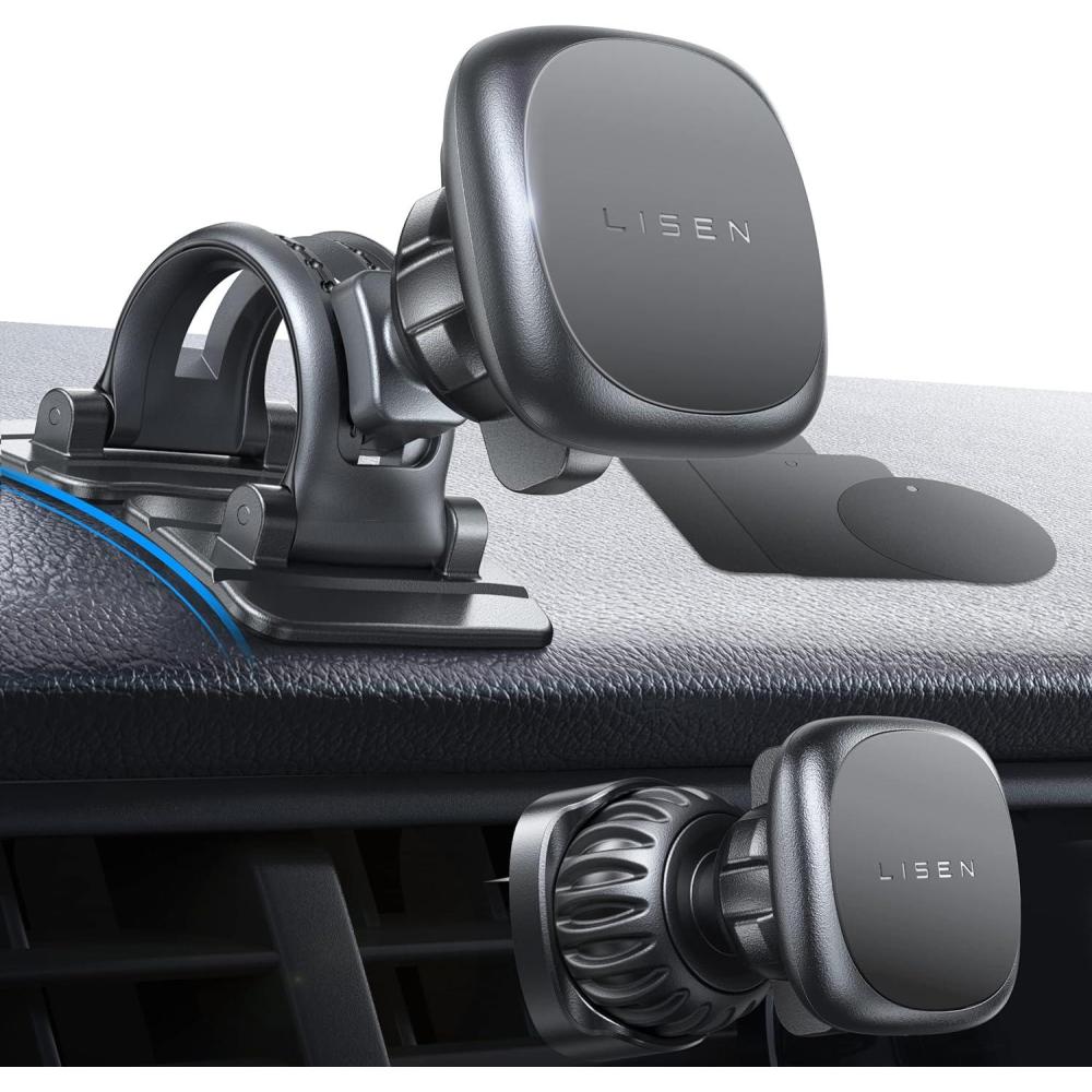 imageLISEN Magnetic Phone Mount for Car ampamp Tablets 6 Strong Magnets Replaceable Base  Compatible with All Smartphones  BlackBlack