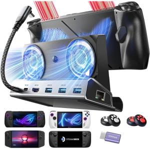 imageLISEN Docking Station for ASUS ROG ALLY X ampamp Steam Deck ampamp Lenovo Legion GO Dual Cooling Fan Zero Distraction ROG ALLY Dock Station with 4K60HzUSB 303 PD100W and Ethernet Fit For Steam Deck OLEDGrey