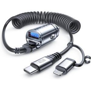 imageLISEN 90W iPhone 15 Car Charger 45WPDQC30 Fast Charging Cigarette Lighter USB Charger with 2IN1 Type CLightning Coiled Cable 5FT Certified USB C Car Charger for iPhone 15 Pro Max 14Samsung S23