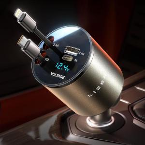 imageLISEN Retractable Car Charger 69W USB C Car Adapter for iPhone 16 Car Charger Fast Charging Gifts for Women Men Car Organization for iPhone 16 15 14 13 12 Pro Max Plus iPad Samsung S25 24 Gray