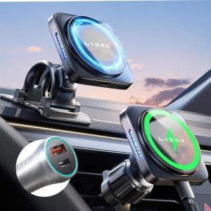 imageLISEN for iPhone 16 Pro Max Magsafe Car Mount Charger 15W Magnetic Wireless Car Charger Compatible with Mag Safe Car Mount Air Vent Dashboard 4 in 1 Phone Holder Mount for iPhone 15141312 Black