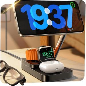 imageLisen 3 in 1 Nightstand with Charging Station for Multiple Devices Apple Magsafe Charger15W Travel Charger for iPhone and Apple WatchMagnetic Wireless Charger for iphone 16 15 Pro Max iWacth AirPods