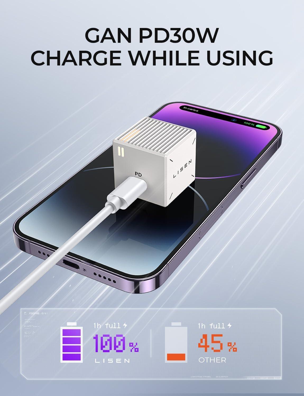 imageUSB C Charger Block 30W GaN PD Fast Charger Cooling Design USBC Wall Charger Adapter Mini Size Type C Charger Fast Charging for iPhone 141312 Pro Max iPad ProAir iWatch Samsung PPS 25W