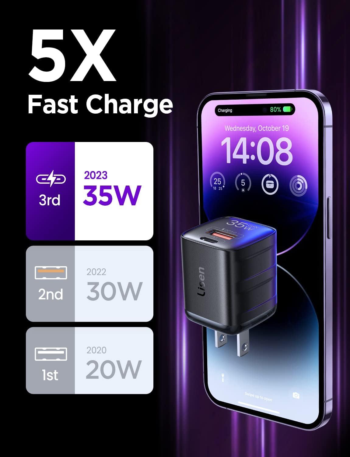 imageUSB C Wall Charger 35W35W GaN III LISEN Dual Port USB C Fast Charger PD 30QC 30 PintSized Type C Charger Fast Charging for iPhone 1413MiniProPro Max iPad ProAir PPS 25W
