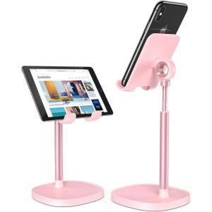 imageLISEN Cell Phone Stand Adjustable for iPhone Phone Holder for Desk Office Desk Accessories Computer PC for iPhone Stand Gaming Essentials Fit Otterbox Case Phones Switch Kindle iPad Air Tablet 410in3X STABLE WEIGHTED BASE Pink