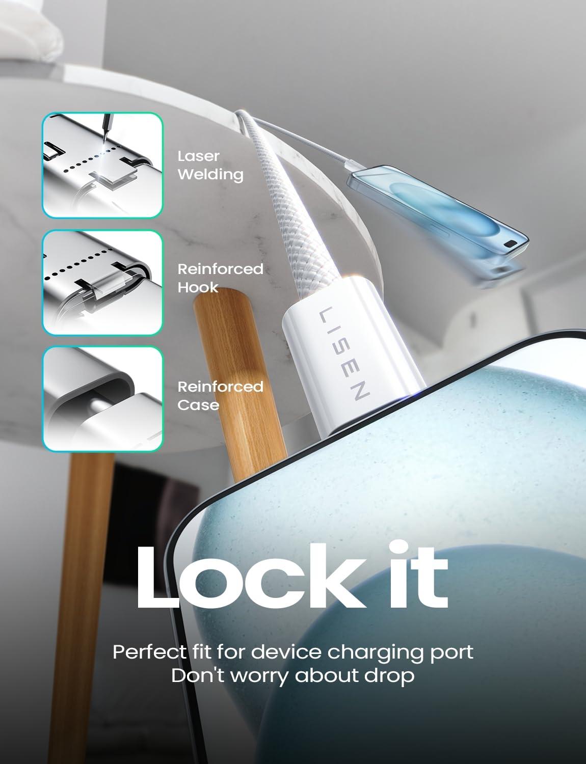 imageLISEN 240W USB C to USB C Cable Type C Fast Charging Cord iPad Charging Cable for iPad ProAirMini iPhone 1616 Pro16 Plus16 Pro Max Google Pixel Samsung Galaxy S24 Ultra 66FTWhiteWhite