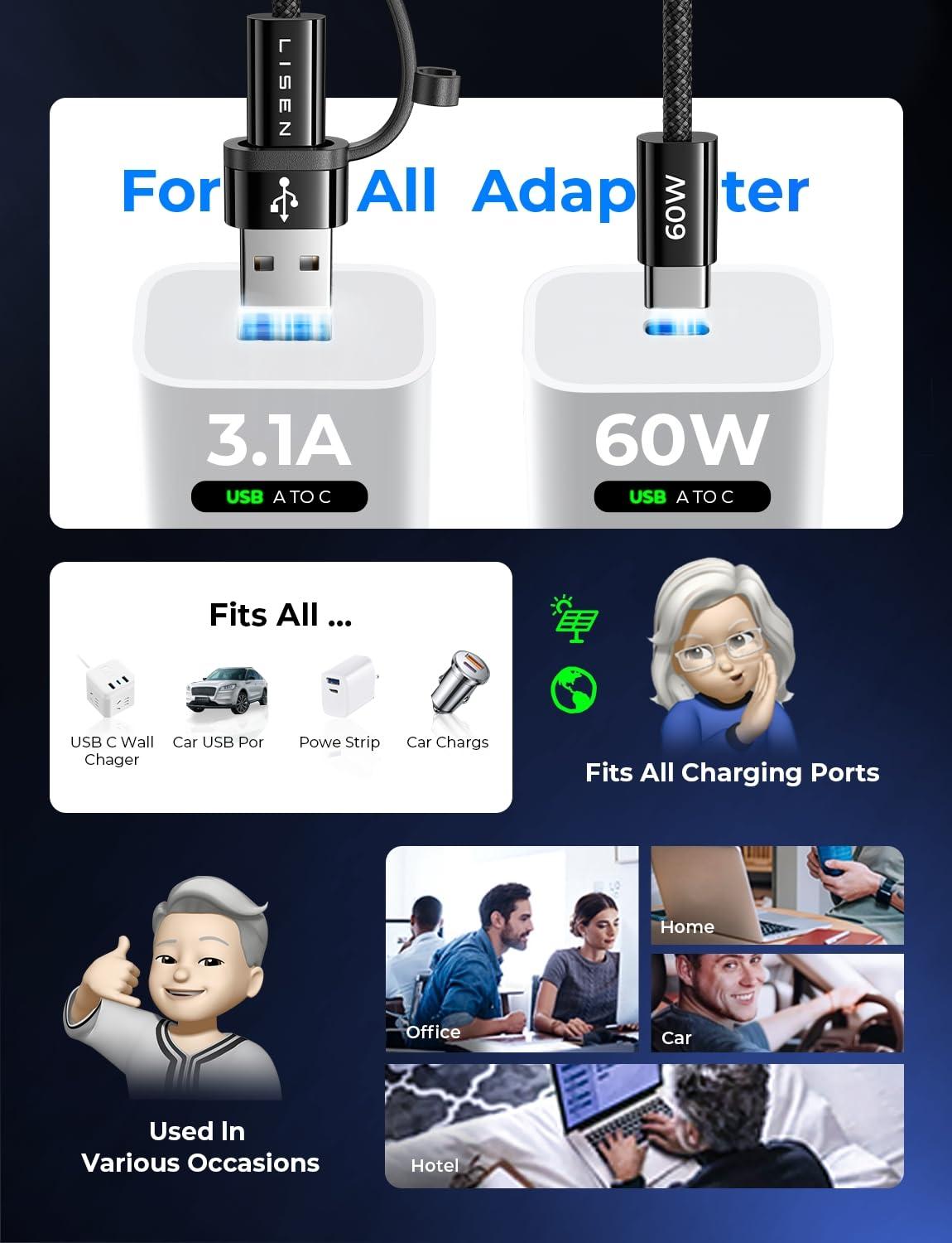 imageLISEN for iPhone 16 Type Charger Cable 2 Pack66ft 60W USB C for iPhone Charger Fast Charging USB A to USB C Cable for Apple USB to Cable Fit iPad mini Pro Air MacBook SamsungBlack