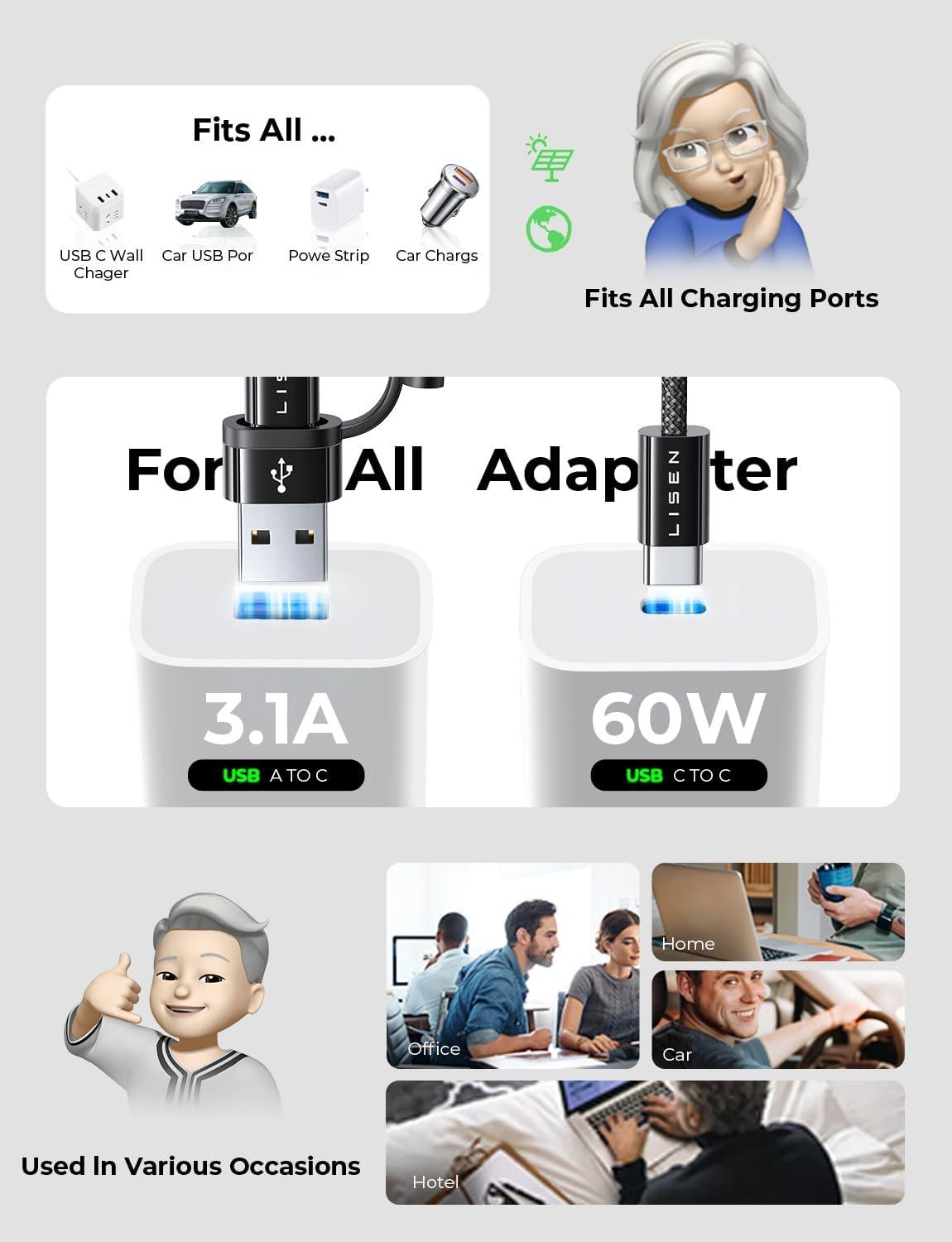 imageLISEN for iPhone 16 Type Charger Cable 2 Pack66ft 60W USB C for iPhone Charger Fast Charging USB A to USB C Cable for Apple USB to Cable Fit iPad mini Pro Air MacBook SamsungBlack