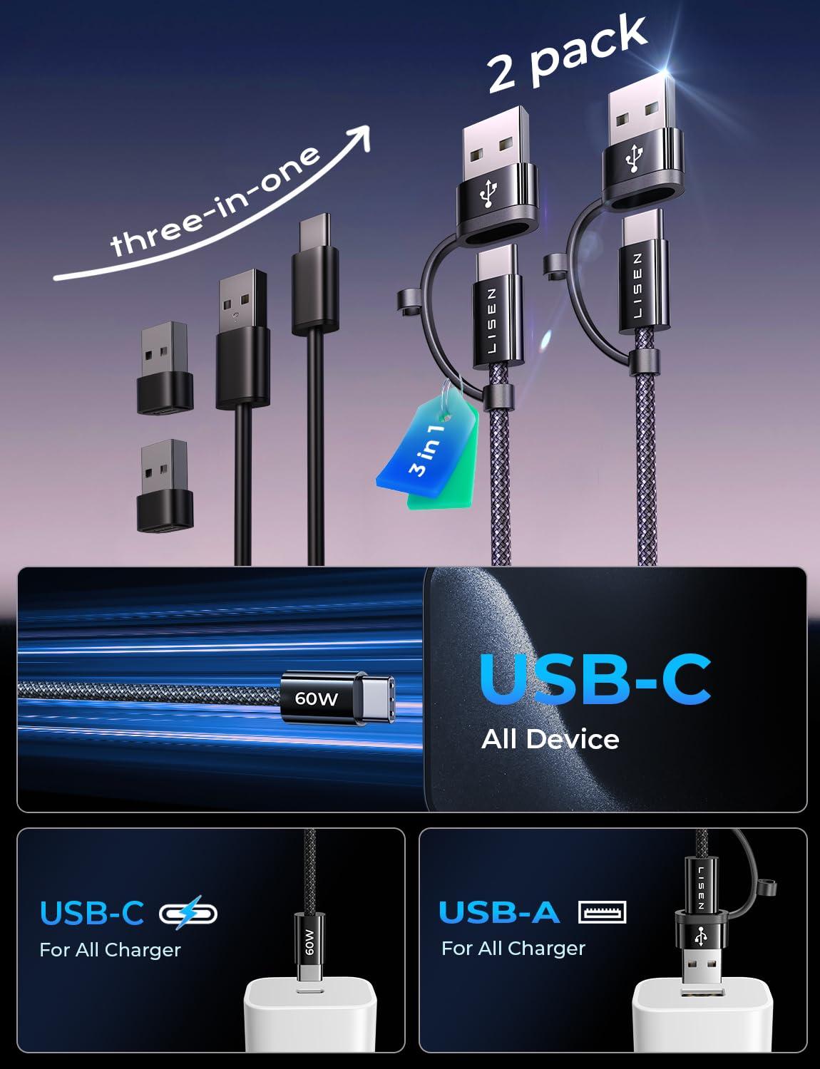 imageLISEN for iPhone 16 Type Charger Cable 2 Pack66ft 60W USB C for iPhone Charger Fast Charging USB A to USB C Cable for Apple USB to Cable Fit iPad mini Pro Air MacBook SamsungBlack
