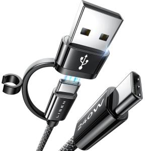 imageLISEN 240W USB C Cable with USB to USB C Adapter 66ft2 Pack Fast Charging for iPhone 16 Pro Max iPad Pro MacBook Pro Samsung S24 480Mps for Data Transfer Durable Braided Type C Charger Cord10FT