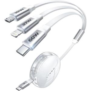 imageLISEN 60W35A Multi Charging Cable Retractable iPhone 16 Charger Cord with Type CLMicro USB Ports Compact for Travel Samsung Kindle White