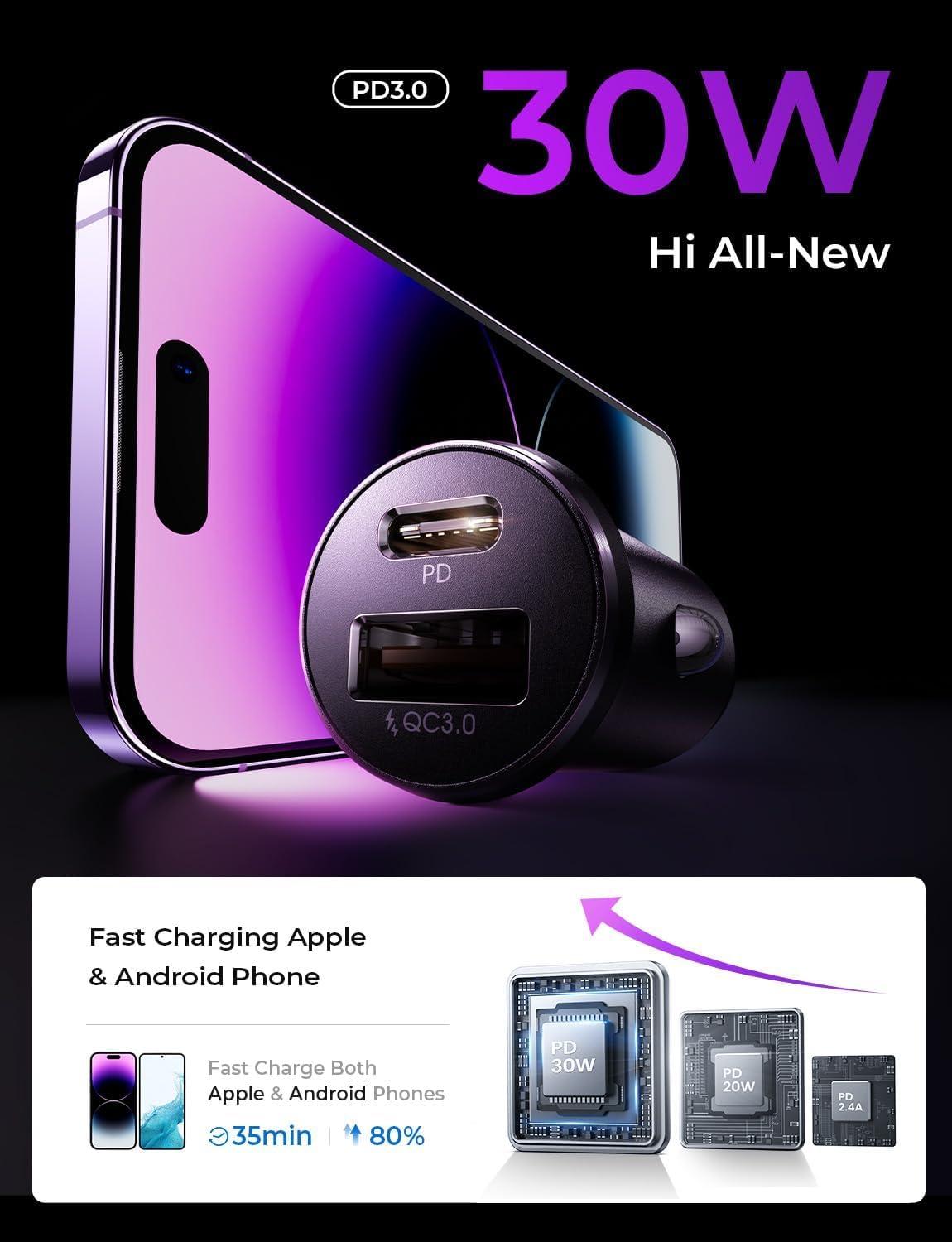 imageLISEN 54W Car Phone Charger USB C Cigarette Lighter Adapter Car Accessories for iPhone USB C Car Charger Adapter USBC Type C 12v Fit for iPhone 16E 16 15 14 13 12 Samsung S25 Google iPad AndroidPurple