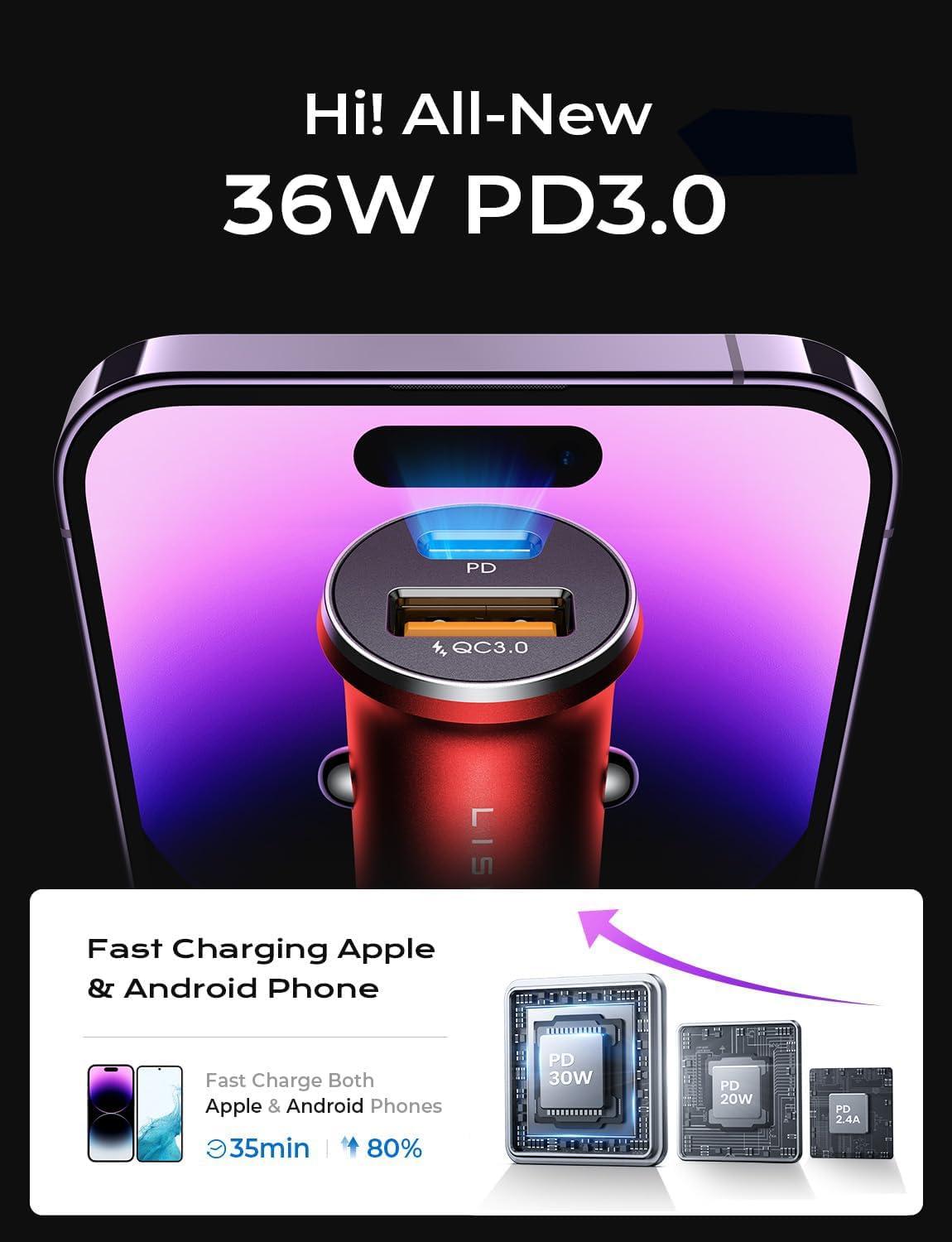 imageLISEN 54W Car Phone Charger USB C Cigarette Lighter Adapter Car Accessories for iPhone USB C Car Charger Adapter USBC Type C 12v Fit for iPhone 16E 16 15 14 13 12 Samsung S25 Google iPad AndroidRed