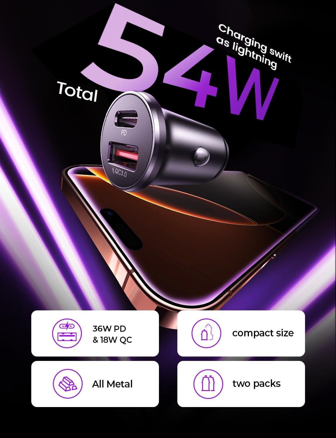 imageLISEN 54W Car Phone Charger USB C Cigarette Lighter Adapter Car Accessories for iPhone USB C Car Charger Adapter USBC Type C 12v Fit for iPhone 16E 16 15 14 13 12 Samsung S25 Google iPad AndroidBlack