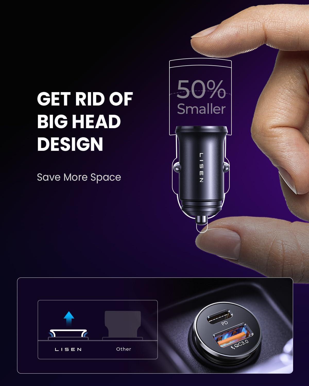 imageLISEN 54W Car Phone Charger USB C Cigarette Lighter Adapter Car Accessories for iPhone USB C Car Charger Adapter USBC Type C 12v Fit for iPhone 16E 16 15 14 13 12 Samsung S25 Google iPad AndroidBlue