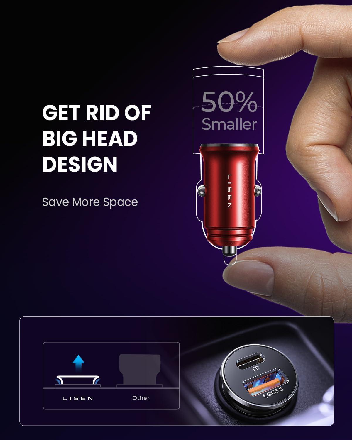imageLISEN 54W Car Phone Charger USB C Cigarette Lighter Adapter Car Accessories for iPhone USB C Car Charger Adapter USBC Type C 12v Fit for iPhone 16E 16 15 14 13 12 Samsung S25 Google iPad AndroidRed