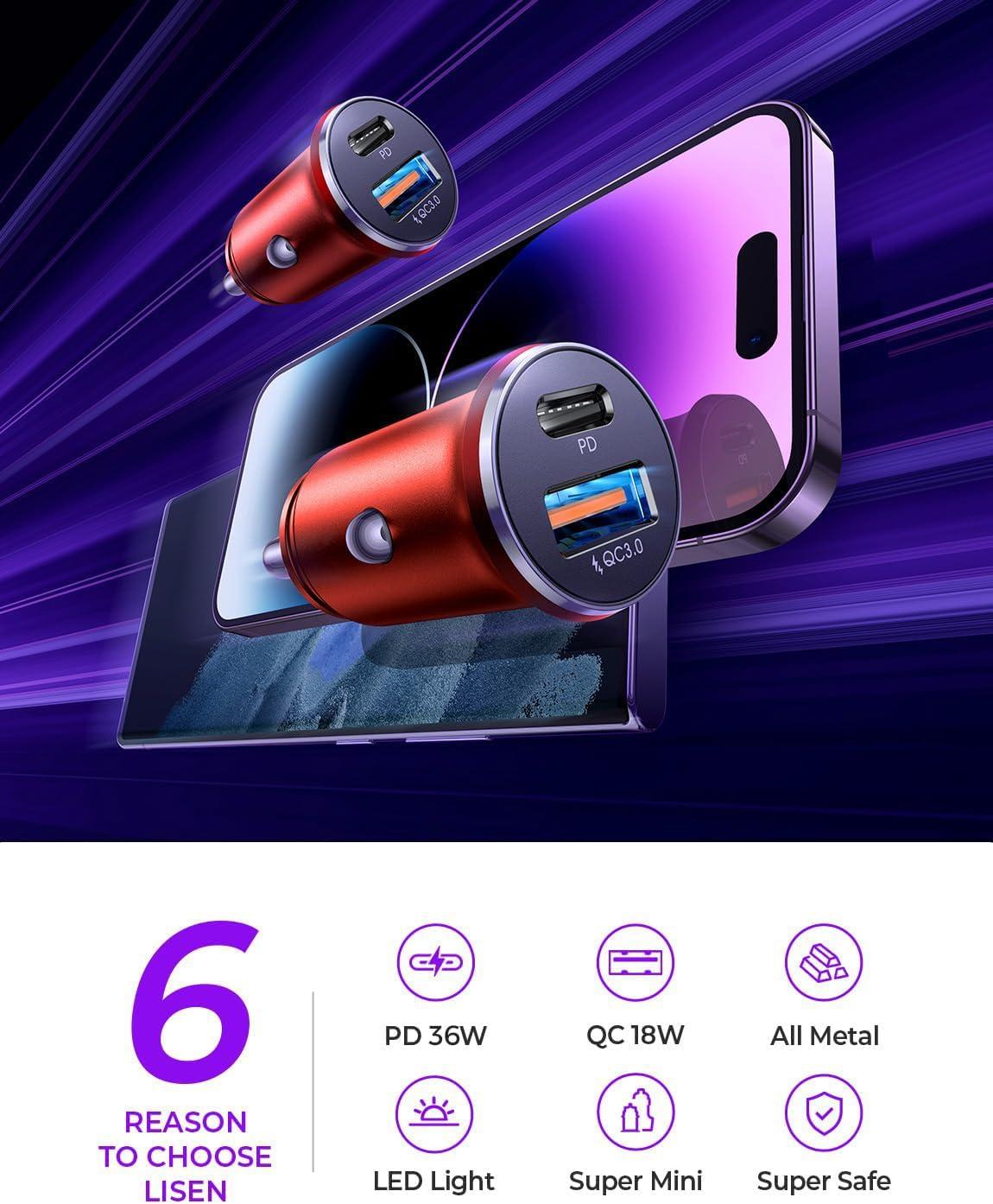 imageLISEN 54W Car Phone Charger USB C Cigarette Lighter Adapter Car Accessories for iPhone USB C Car Charger Adapter USBC Type C 12v Fit for iPhone 16E 16 15 14 13 12 Samsung S25 Google iPad AndroidRed