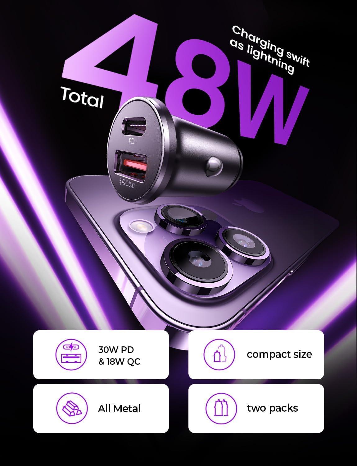 imageLISEN 54W Car Phone Charger USB C Cigarette Lighter Adapter Car Accessories for iPhone USB C Car Charger Adapter USBC Type C 12v Fit for iPhone 16E 16 15 14 13 12 Samsung S25 Google iPad AndroidPurple