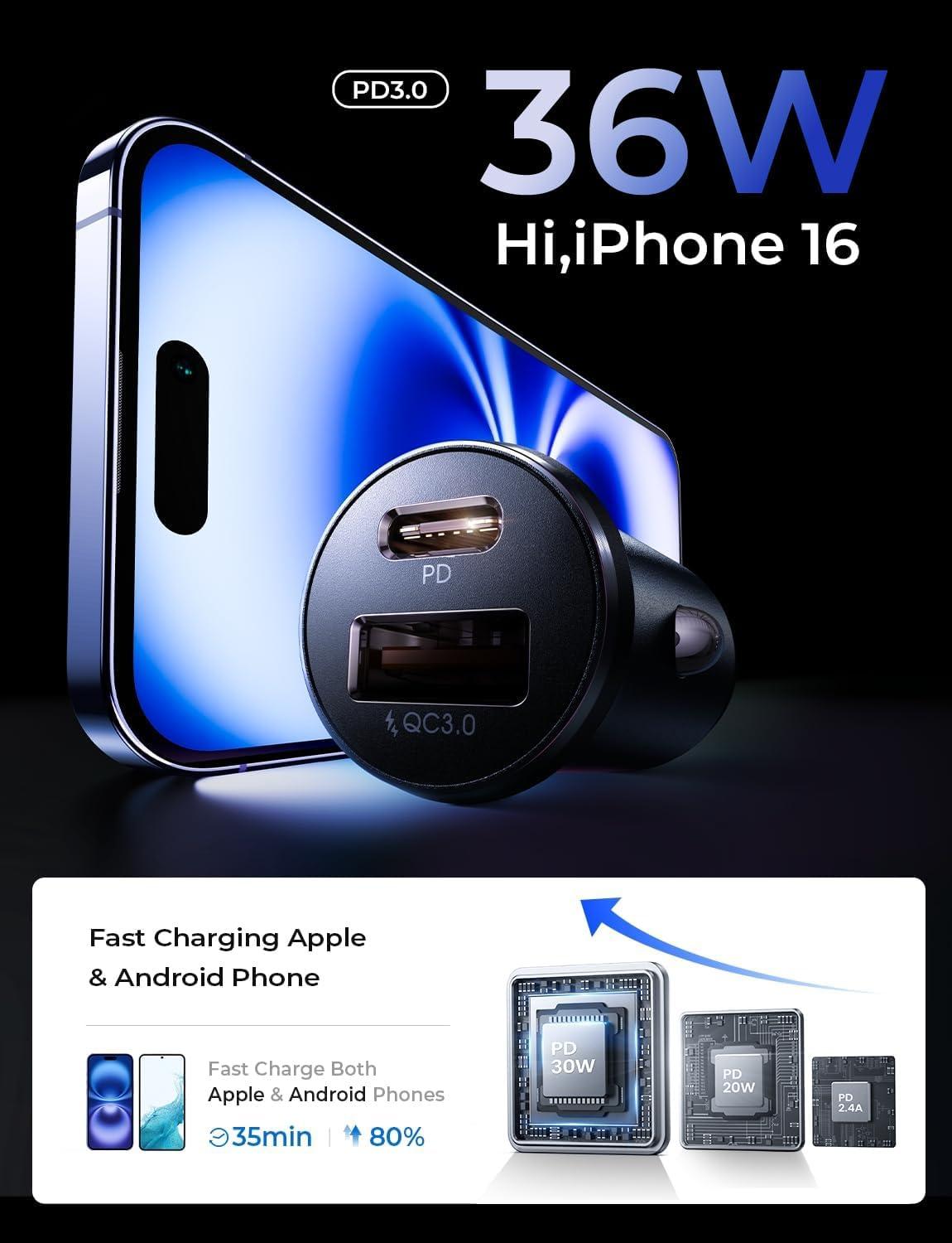 imageLISEN 54W Car Phone Charger USB C Cigarette Lighter Adapter Car Accessories for iPhone USB C Car Charger Adapter USBC Type C 12v Fit for iPhone 16E 16 15 14 13 12 Samsung S25 Google iPad AndroidBlack