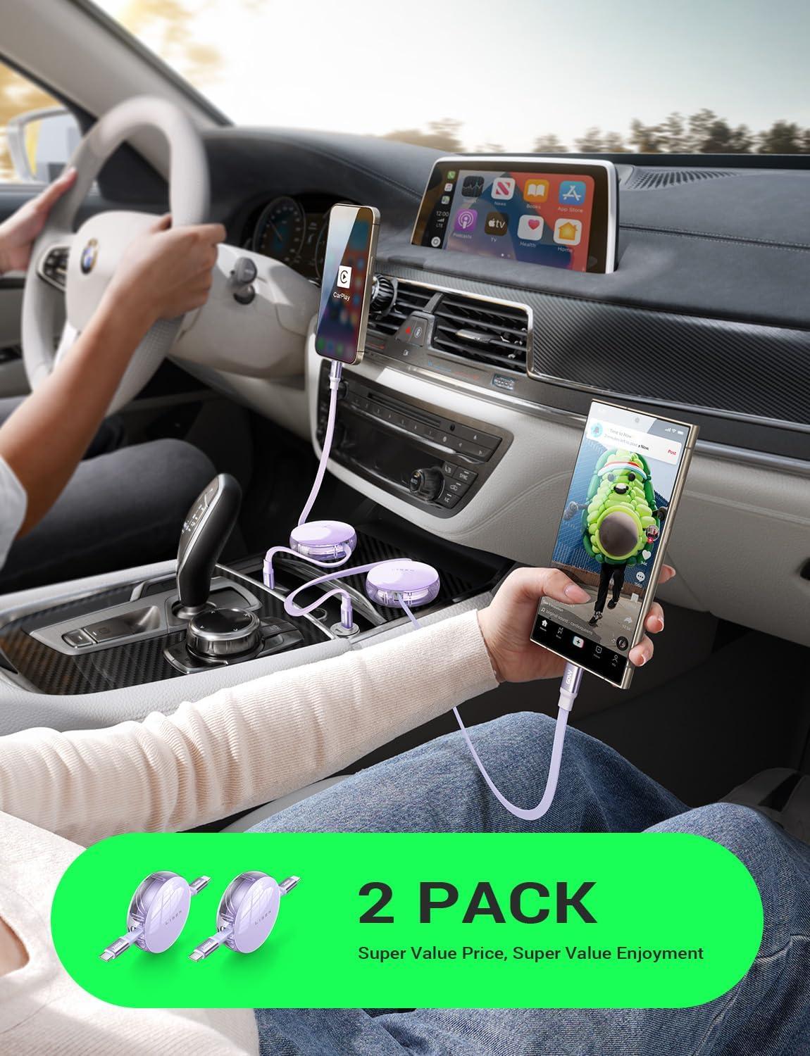 imageLISEN Retractable USB C Cable 2 Pack 60W3A Fast Charge 4Stage Length Preset for iPhone 15Pro MaxPlusPro iPad Pro MacBook Samsung Charger Cord Purple