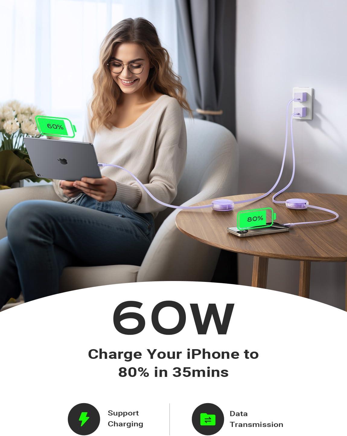 imageLISEN Retractable USB C Cable 2 Pack 60W3A Fast Charge 4Stage Length Preset for iPhone 15Pro MaxPlusPro iPad Pro MacBook Samsung Charger Cord Purple