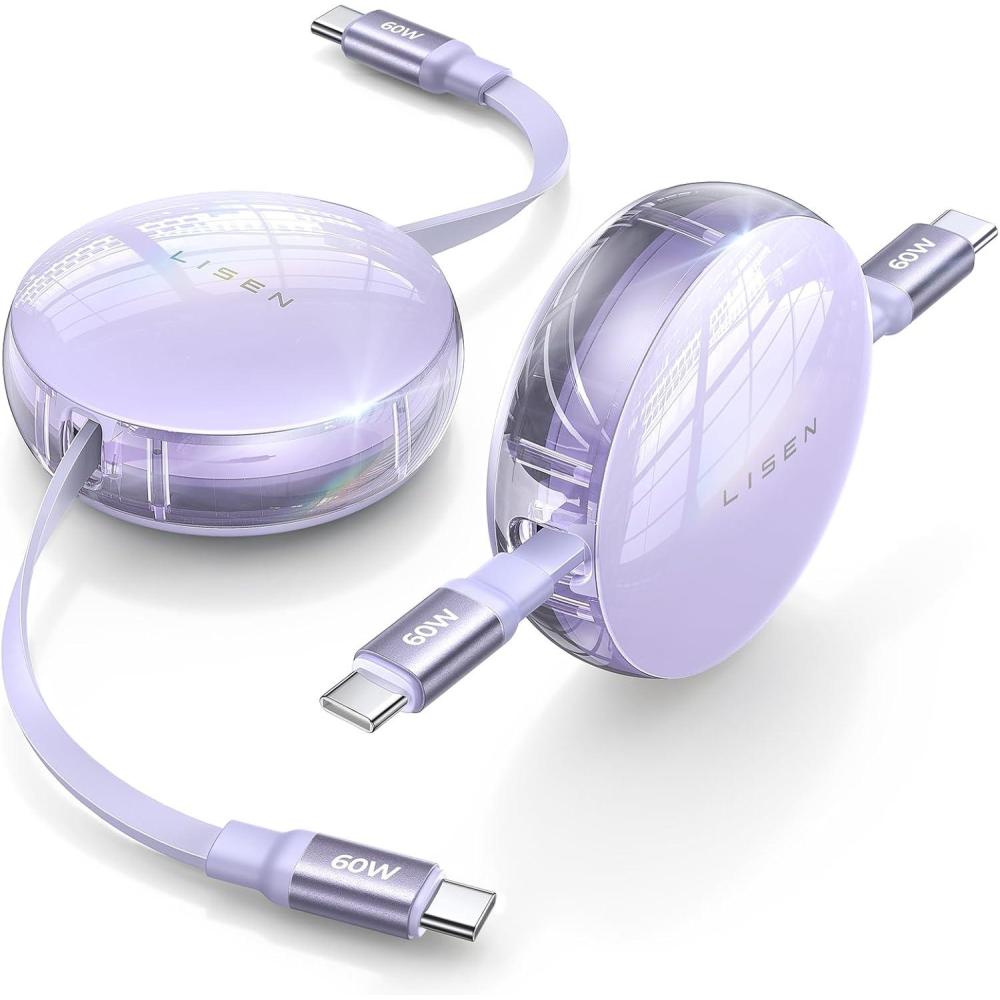 imageLISEN Retractable USB C Cable 2 Pack 60W3A Fast Charge 4Stage Length Preset for iPhone 15Pro MaxPlusPro iPad Pro MacBook Samsung Charger Cord Purple
